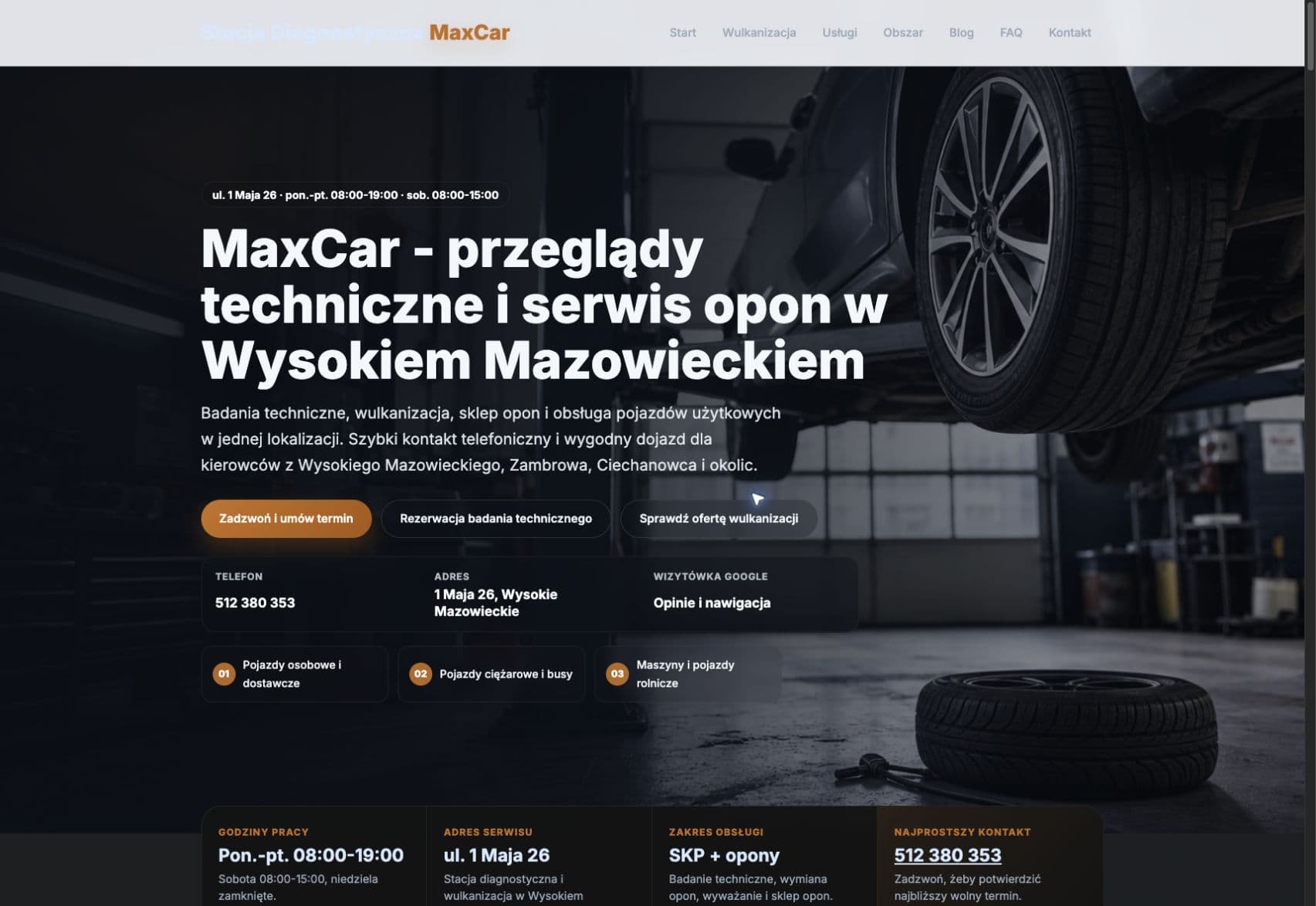 Strona główna MaxCar prezentująca stację diagnostyczną, wulkanizację i rezerwację wizyty